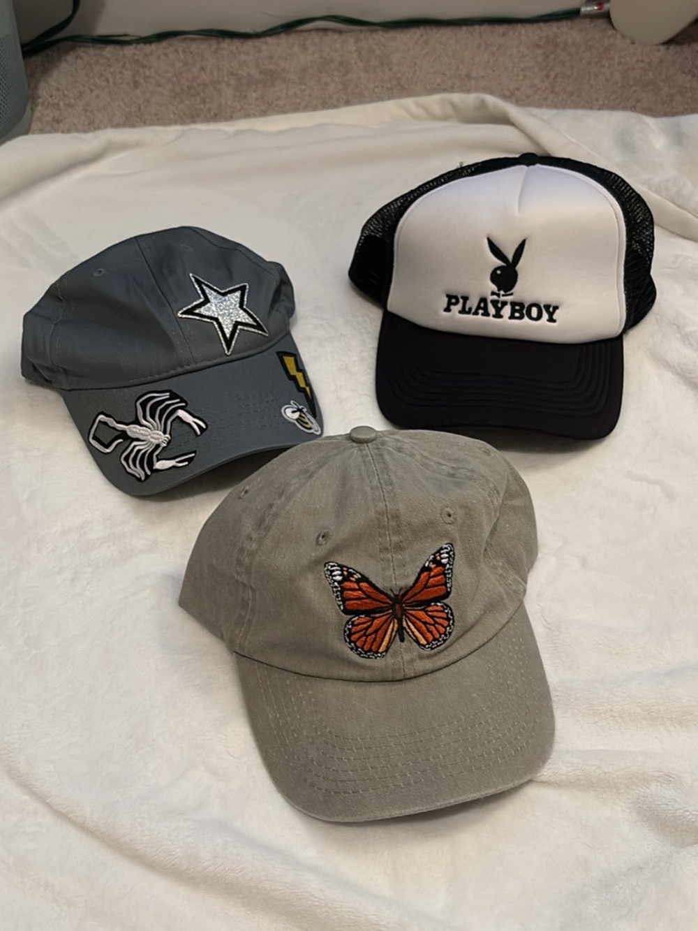 Playboy Black & White Trucker Hat • Gray Butterfly & Patchwork Caps Trio